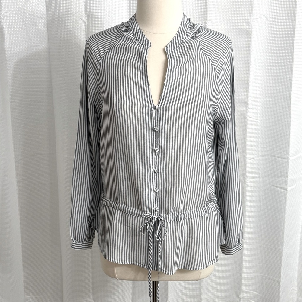 Velvet Heart Women's Long Sleeve Button Front Blouse, Strip Gray&White, Size L